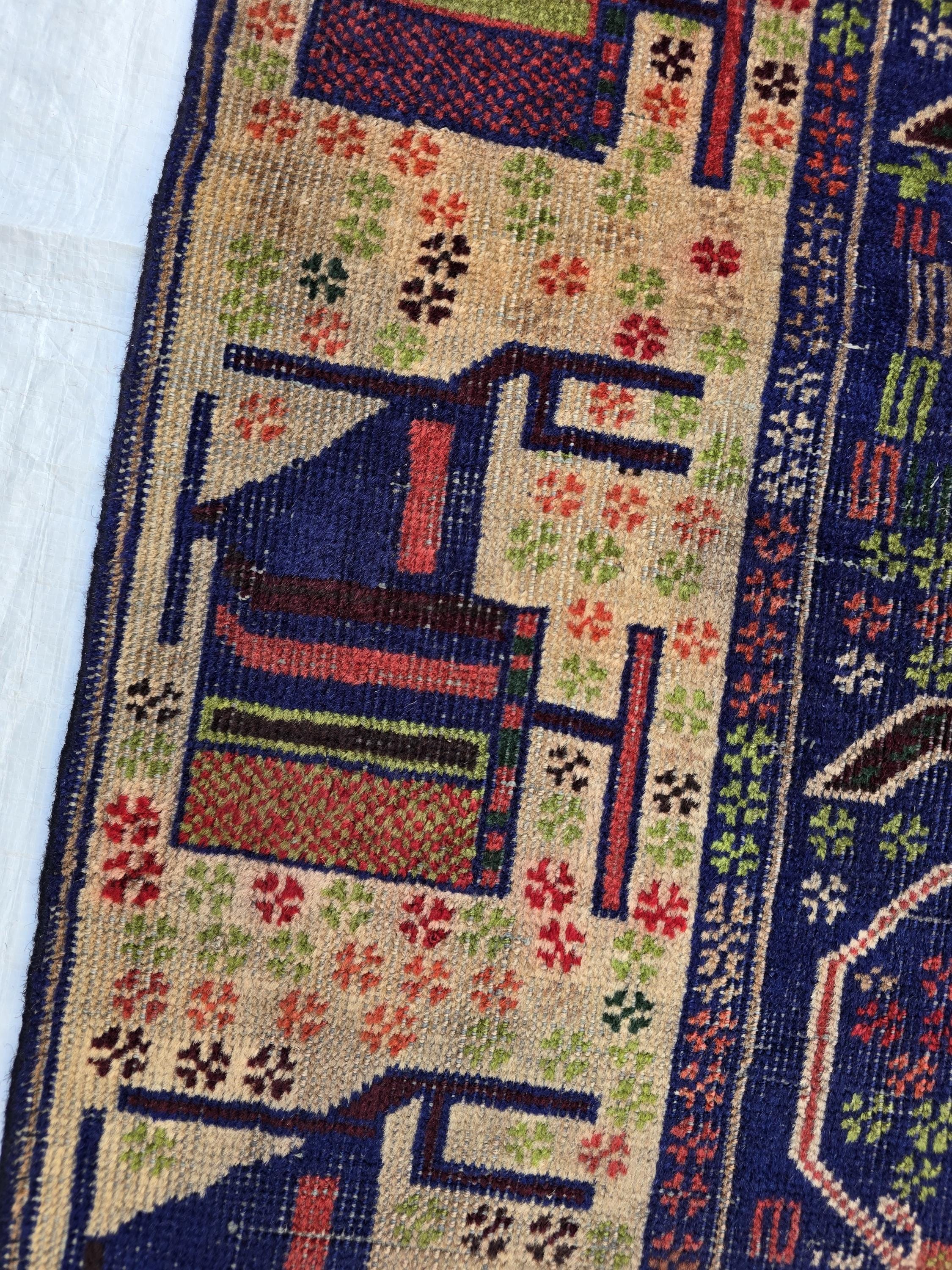 Antique Baluchi Runner Rug 3'6" x 7'5" Tribal Pictorial Design in Navy, Rust & Beige