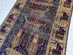 Antique Baluchi Runner Rug 3'6" x 7'5" Tribal Pictorial Design in Navy, Rust & Beige