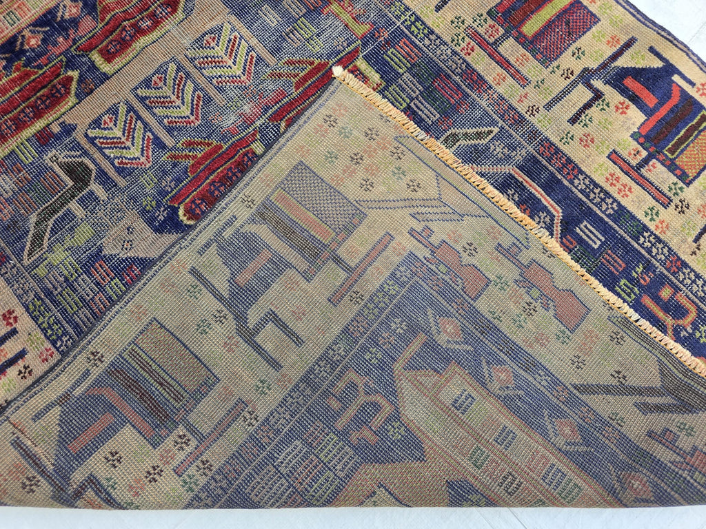Antique Baluchi Runner Rug 3'6" x 7'5" Tribal Pictorial Design in Navy, Rust & Beige