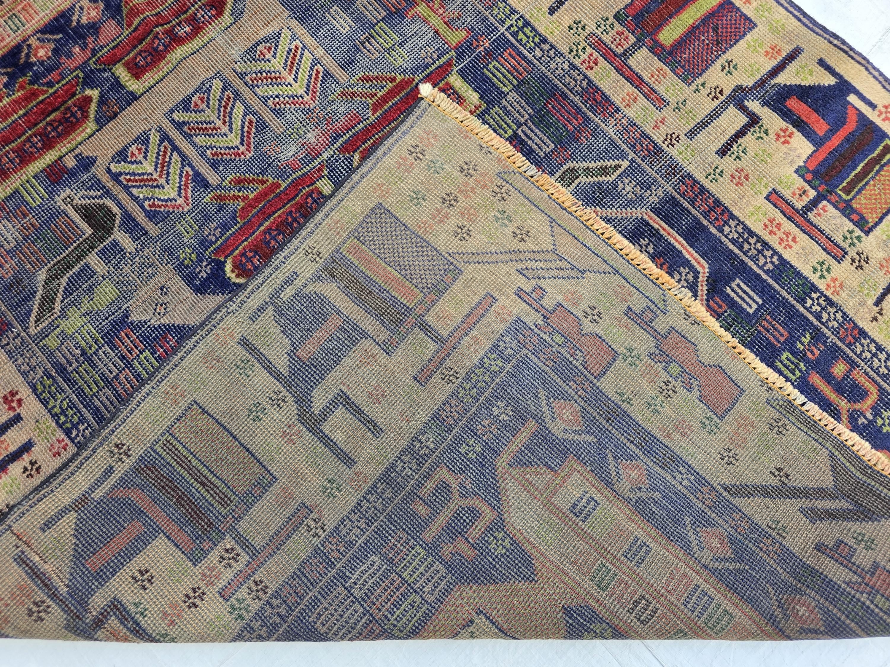 Antique Baluchi Runner Rug 3'6" x 7'5" Tribal Pictorial Design in Navy, Rust & Beige