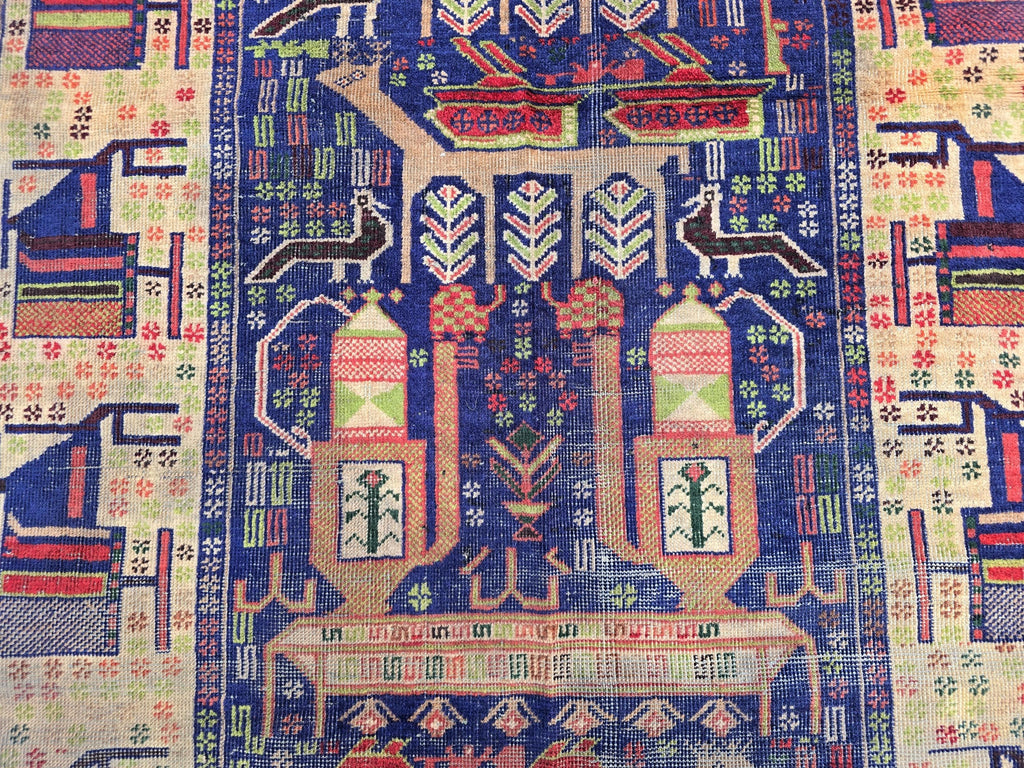 Antique Baluchi Runner Rug 3'6" x 7'5" Tribal Pictorial Design in Navy, Rust & Beige