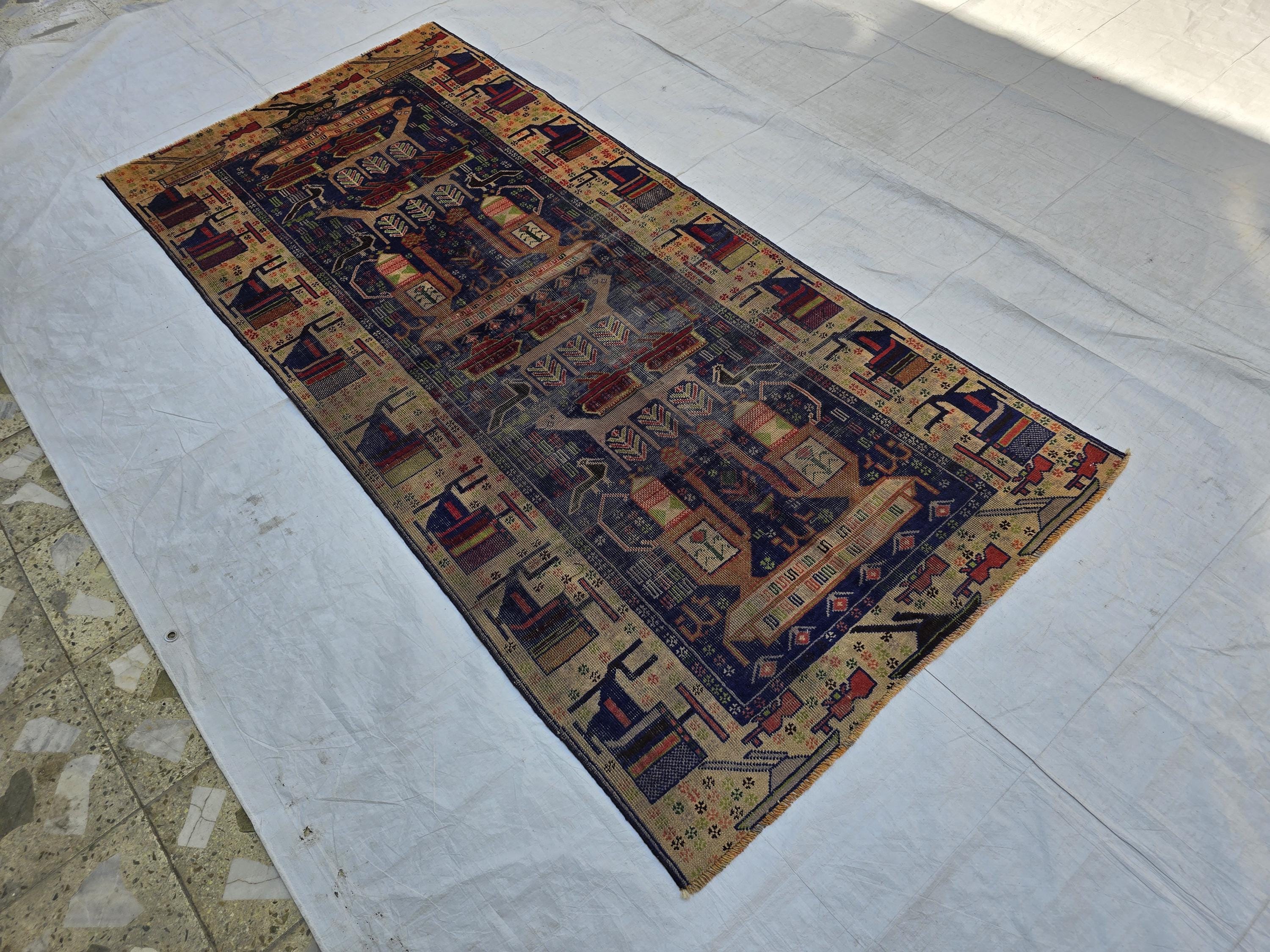 Antique Baluchi Runner Rug 3'6" x 7'5" Tribal Pictorial Design in Navy, Rust & Beige