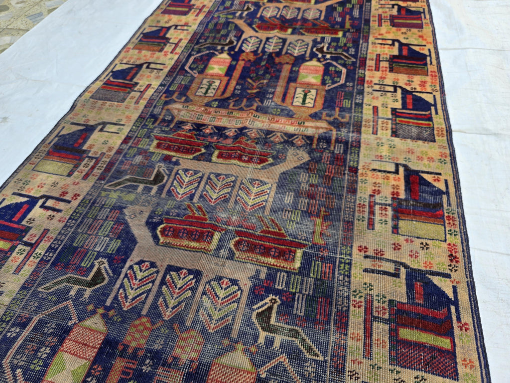 Antique Baluchi Runner Rug 3'6" x 7'5" Tribal Pictorial Design in Navy, Rust & Beige