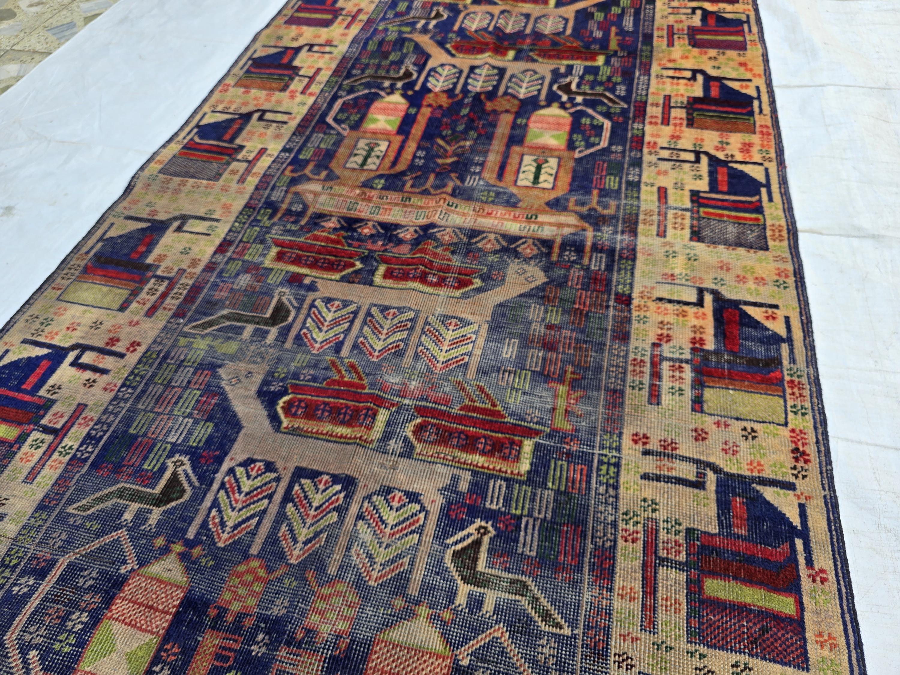 Antique Baluchi Runner Rug 3'6" x 7'5" Tribal Pictorial Design in Navy, Rust & Beige