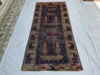 Antique Baluchi Runner Rug 3'6" x 7'5" Tribal Pictorial Design in Navy, Rust & Beige