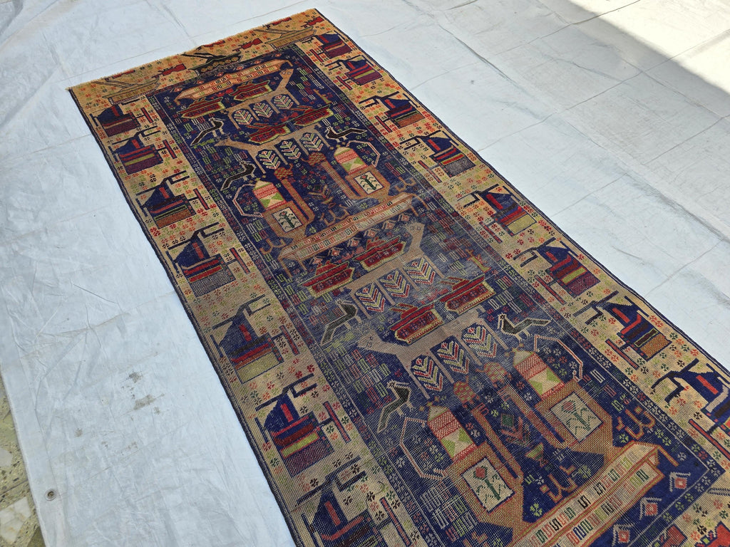 Antique Baluchi Runner Rug 3'6" x 7'5" Tribal Pictorial Design in Navy, Rust & Beige