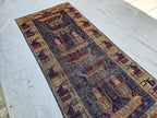 Antique Baluchi Runner Rug 3'6" x 7'5" Tribal Pictorial Design in Navy, Rust & Beige
