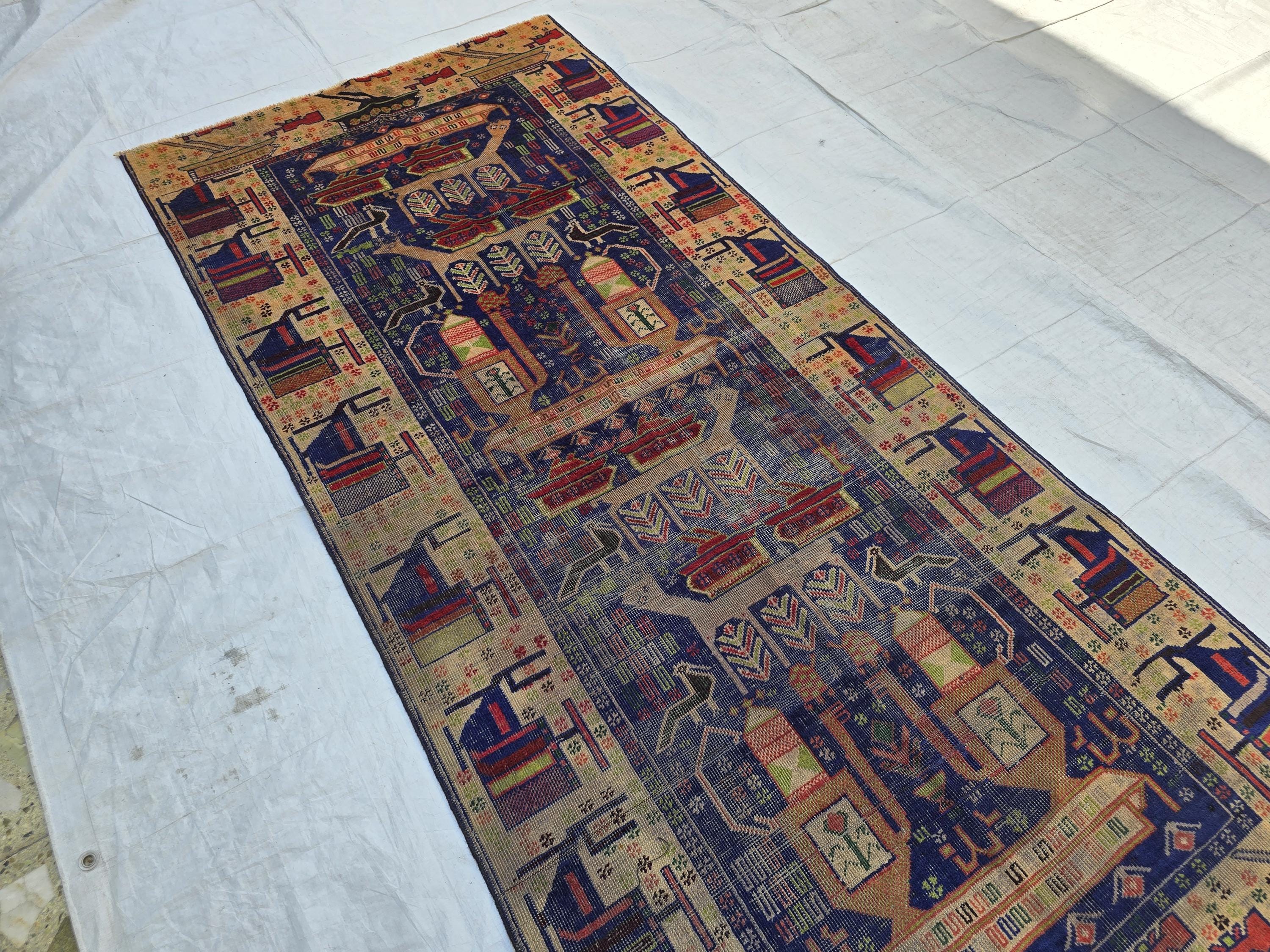 Antique Baluchi Runner Rug 3'6" x 7'5" Tribal Pictorial Design in Navy, Rust & Beige