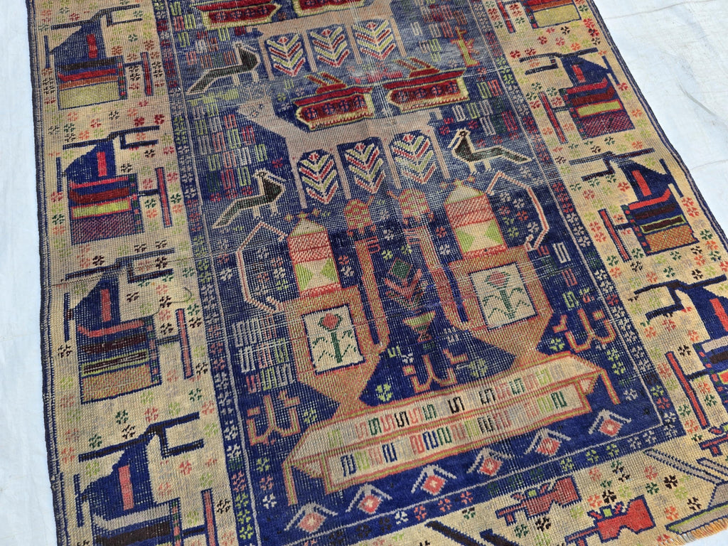 Antique Baluchi Runner Rug 3'6" x 7'5" Tribal Pictorial Design in Navy, Rust & Beige