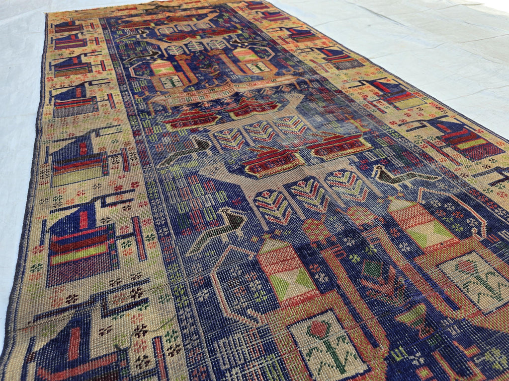 Antique Baluchi Runner Rug 3'6" x 7'5" Tribal Pictorial Design in Navy, Rust & Beige