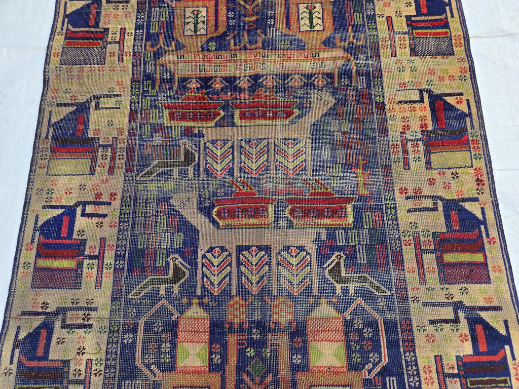 Antique Baluchi Runner Rug 3'6" x 7'5" Tribal Pictorial Design in Navy, Rust & Beige