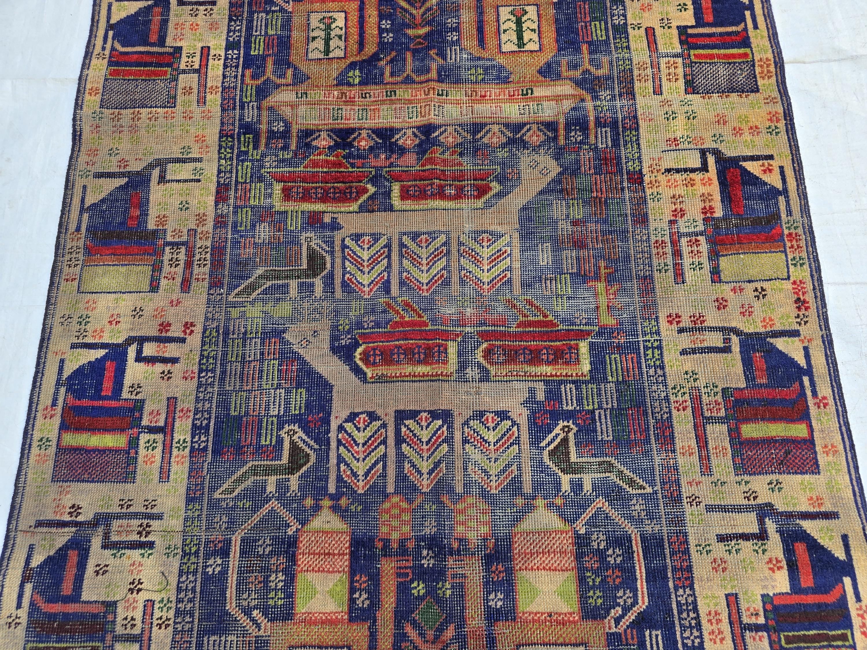 Antique Baluchi Runner Rug 3'6" x 7'5" Tribal Pictorial Design in Navy, Rust & Beige