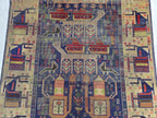 Antique Baluchi Runner Rug 3'6" x 7'5" Tribal Pictorial Design in Navy, Rust & Beige