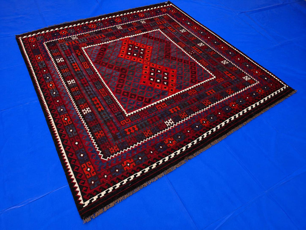 7'4x8 ft Afghan Red Blue Kilim Rug, Handmade Tribal Wool Rug, Vintage Geometric Area Carpet