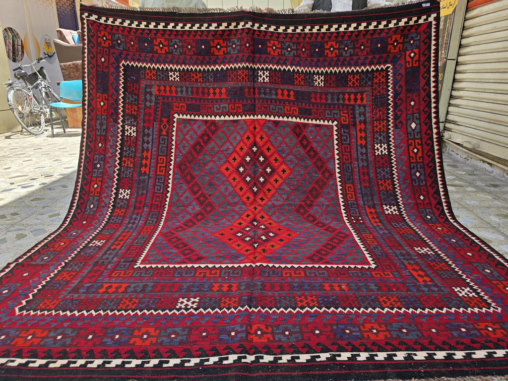 7'4x8 ft Afghan Red Blue Kilim Rug, Handmade Tribal Wool Rug, Vintage Geometric Area Carpet