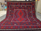 7'4x8 ft Afghan Red Blue Kilim Rug, Handmade Tribal Wool Rug, Vintage Geometric Area Carpet