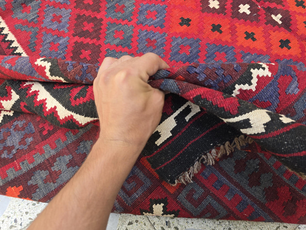 7'4x8 ft Afghan Red Blue Kilim Rug, Handmade Tribal Wool Rug, Vintage Geometric Area Carpet