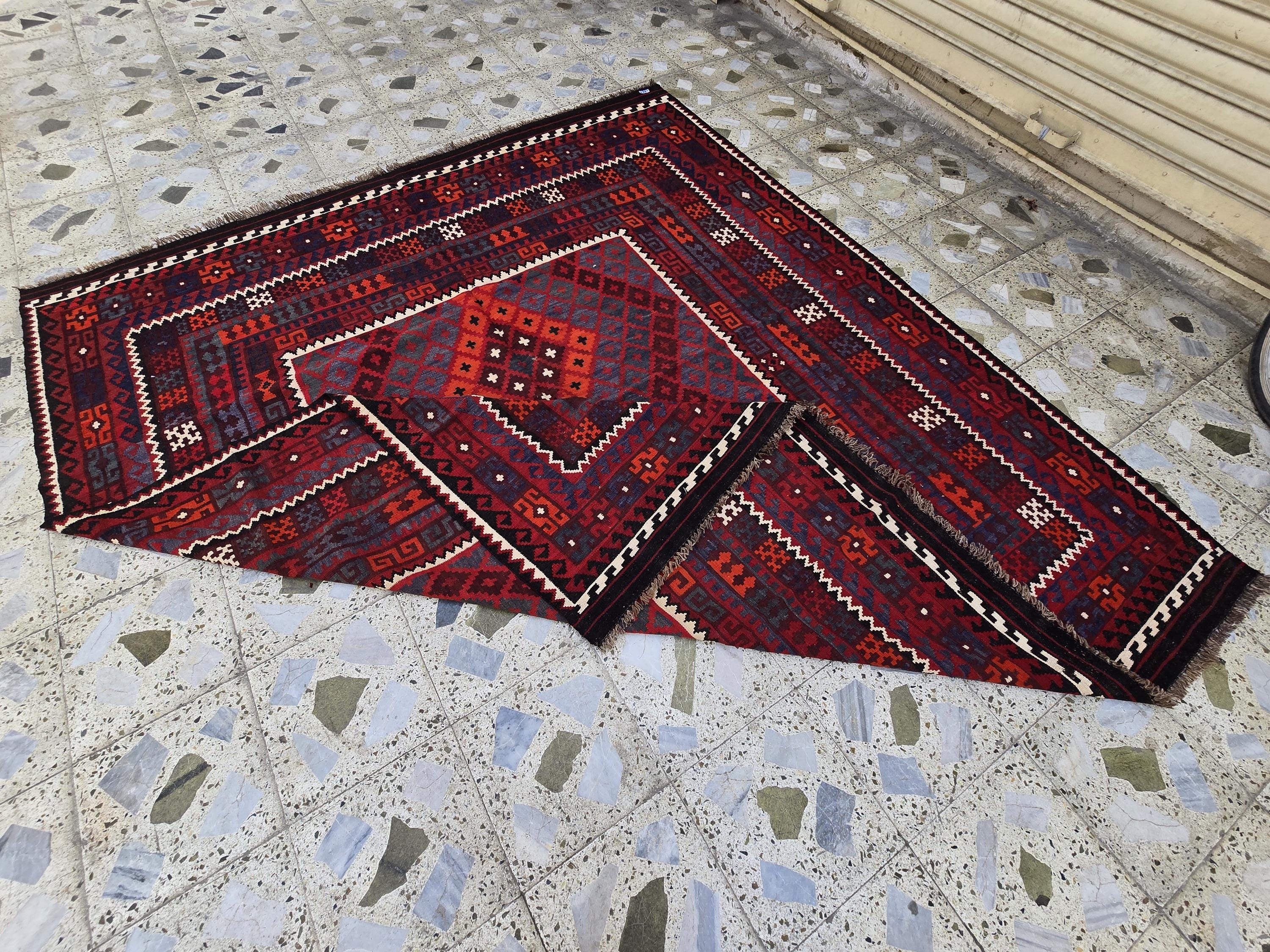 7'4x8 ft Afghan Red Blue Kilim Rug, Handmade Tribal Wool Rug, Vintage Geometric Area Carpet