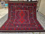7'4x8 ft Afghan Red Blue Kilim Rug, Handmade Tribal Wool Rug, Vintage Geometric Area Carpet