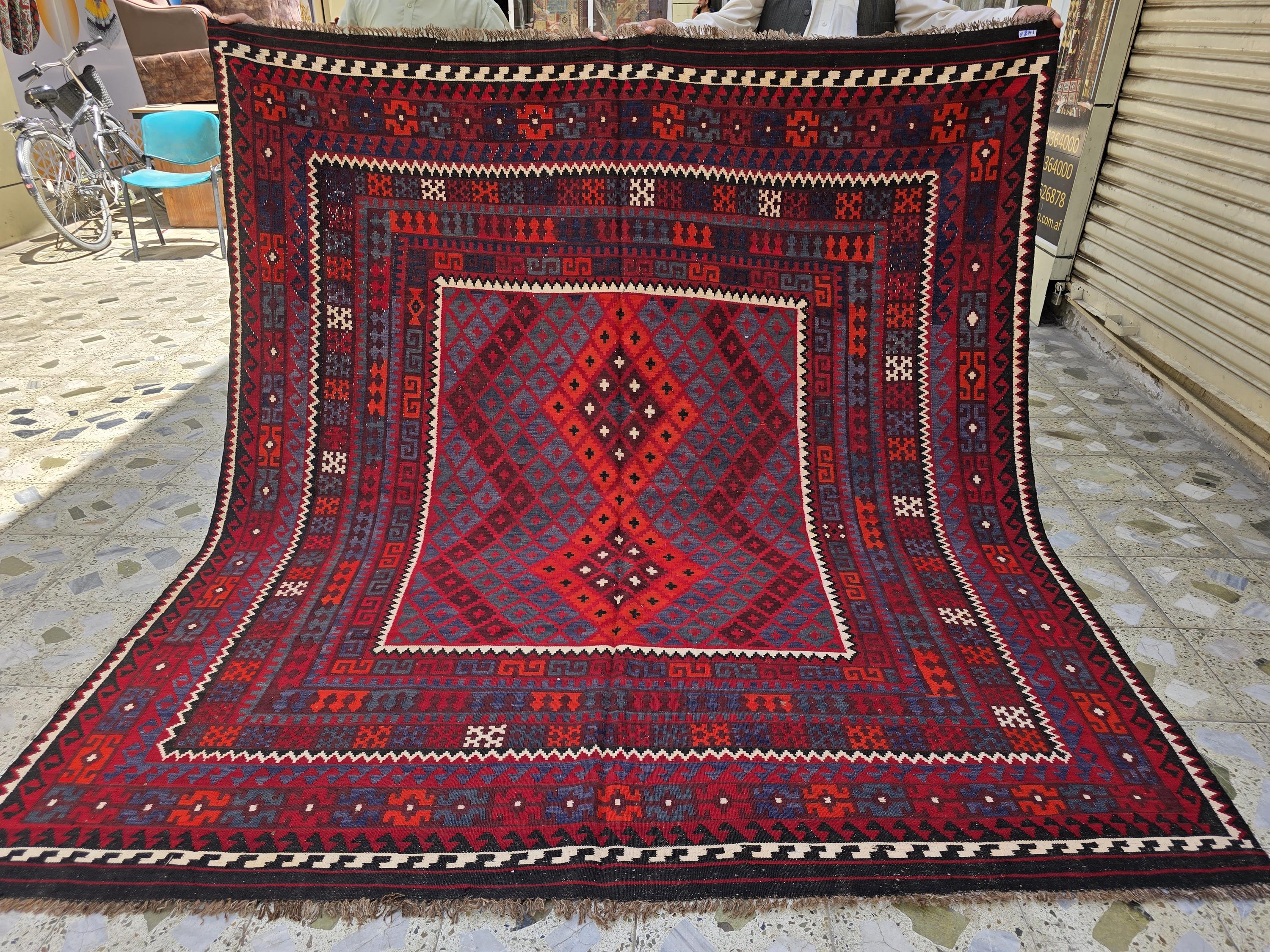 7'4x8 ft Afghan Red Blue Kilim Rug, Handmade Tribal Wool Rug, Vintage Geometric Area Carpet