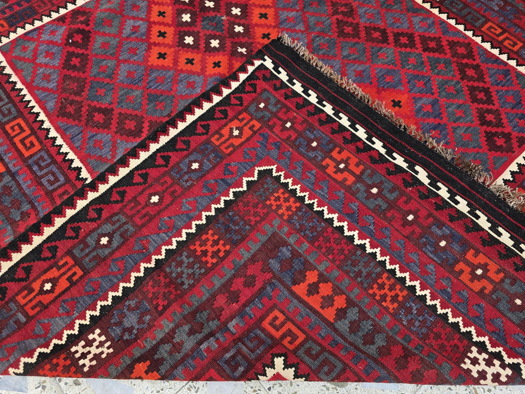 7'4x8 ft Afghan Red Blue Kilim Rug, Handmade Tribal Wool Rug, Vintage Geometric Area Carpet