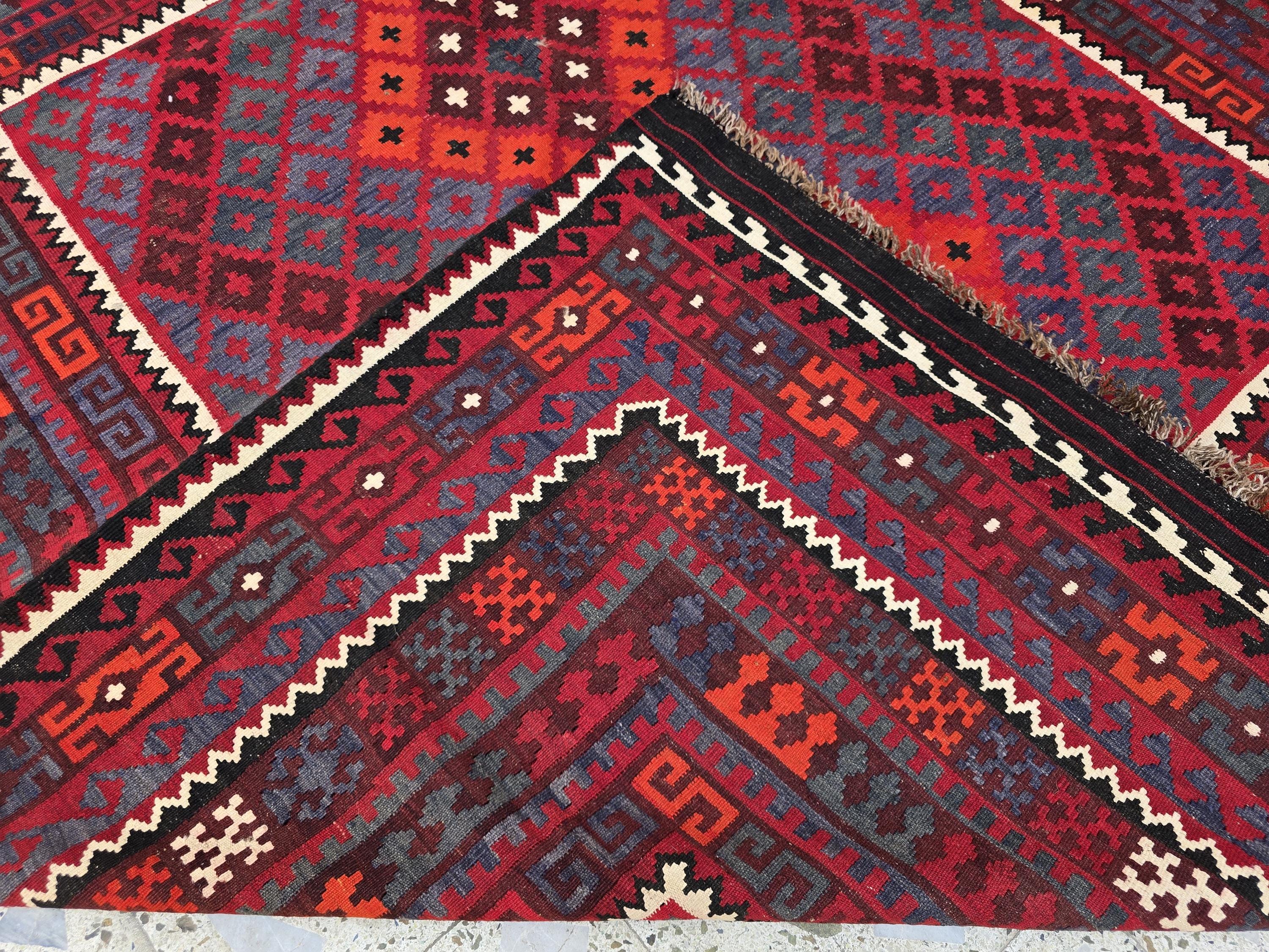 7'4x8 ft Afghan Red Blue Kilim Rug, Handmade Tribal Wool Rug, Vintage Geometric Area Carpet