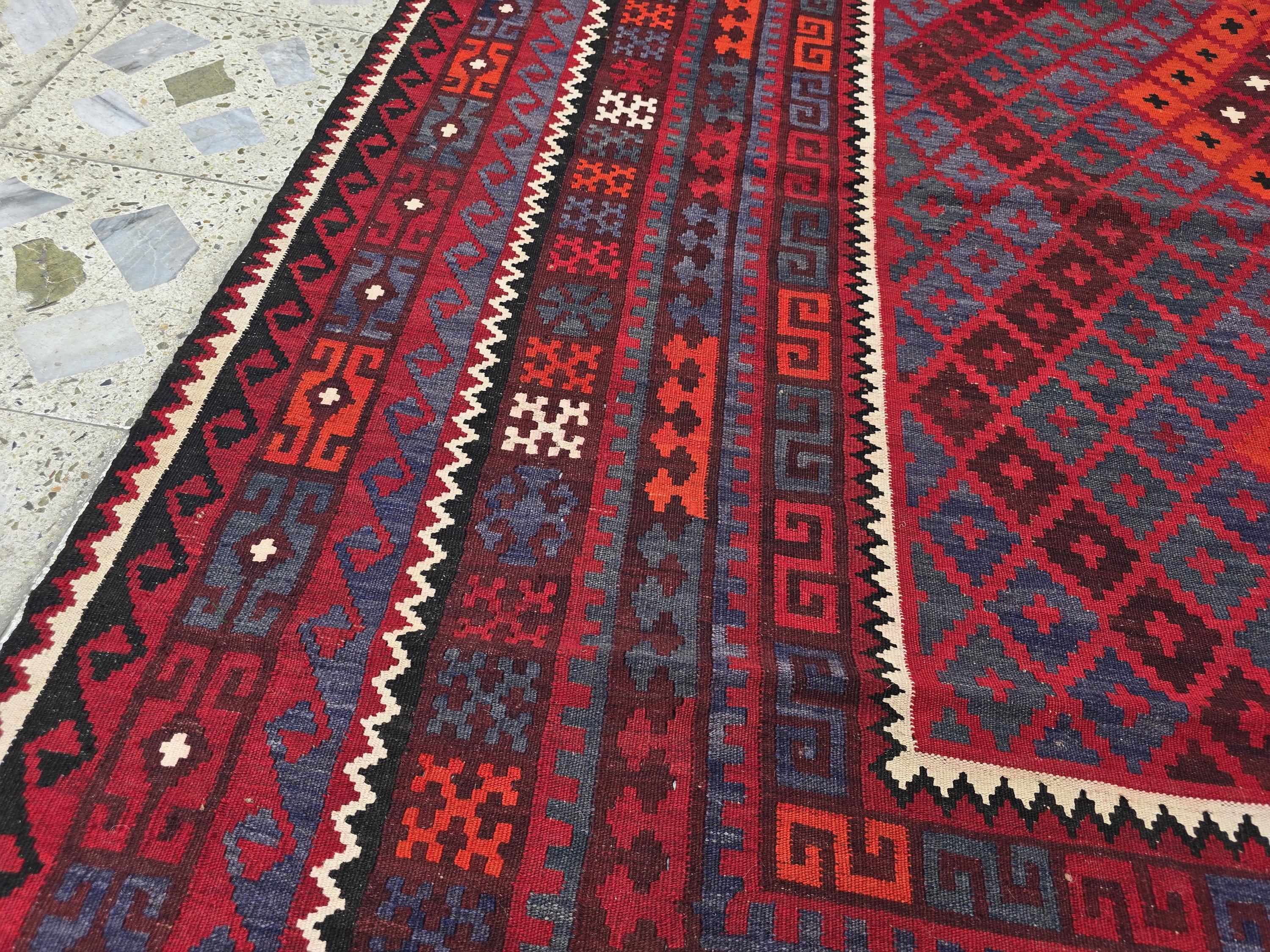 7'4x8 ft Afghan Red Blue Kilim Rug, Handmade Tribal Wool Rug, Vintage Geometric Area Carpet