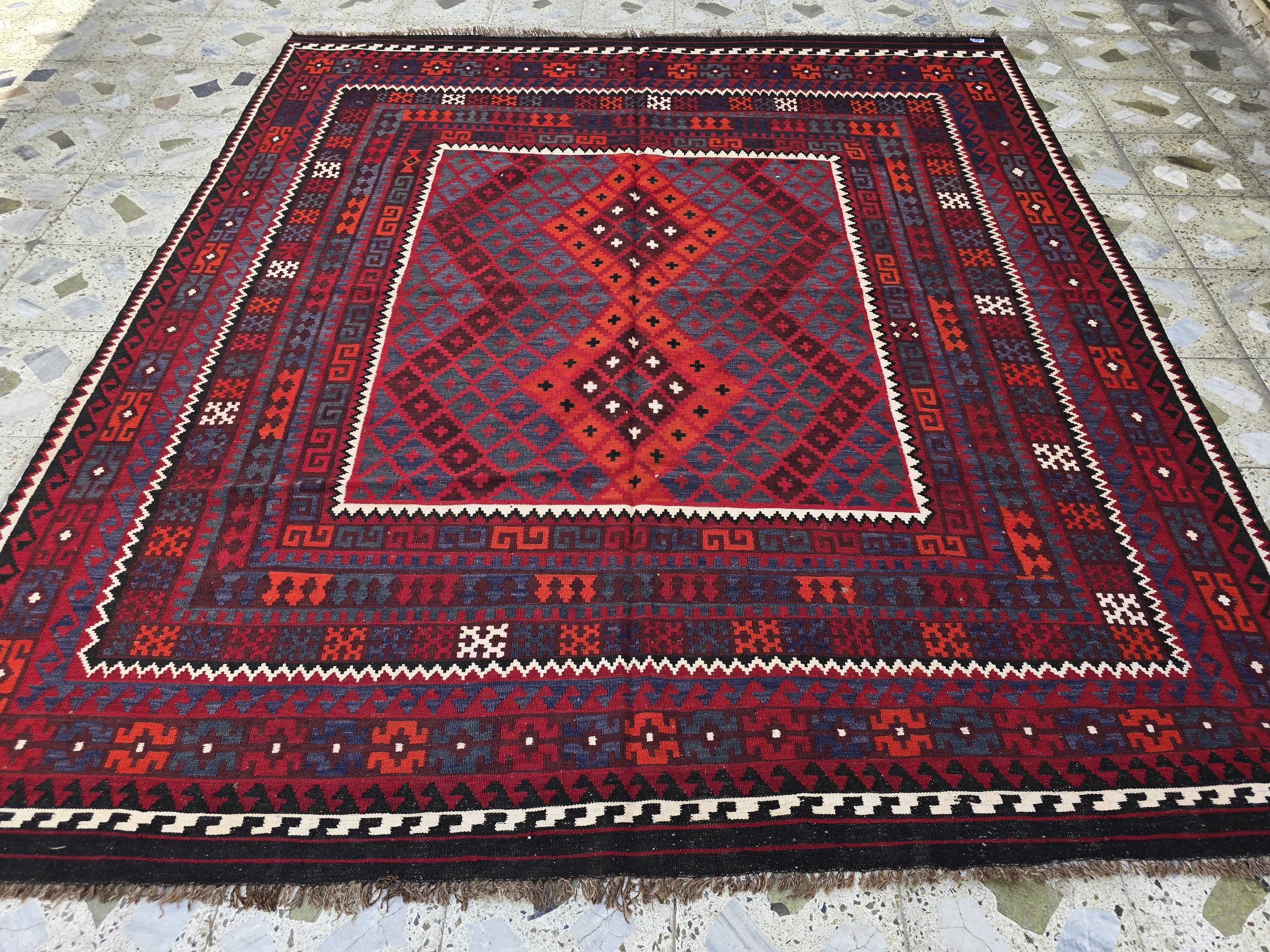 7'4x8 ft Afghan Red Blue Kilim Rug, Handmade Tribal Wool Rug, Vintage Geometric Area Carpet