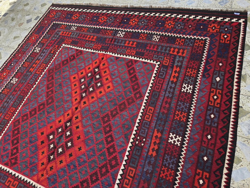 7'4x8 ft Afghan Red Blue Kilim Rug, Handmade Tribal Wool Rug, Vintage Geometric Area Carpet