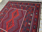 7'4x8 ft Afghan Red Blue Kilim Rug, Handmade Tribal Wool Rug, Vintage Geometric Area Carpet