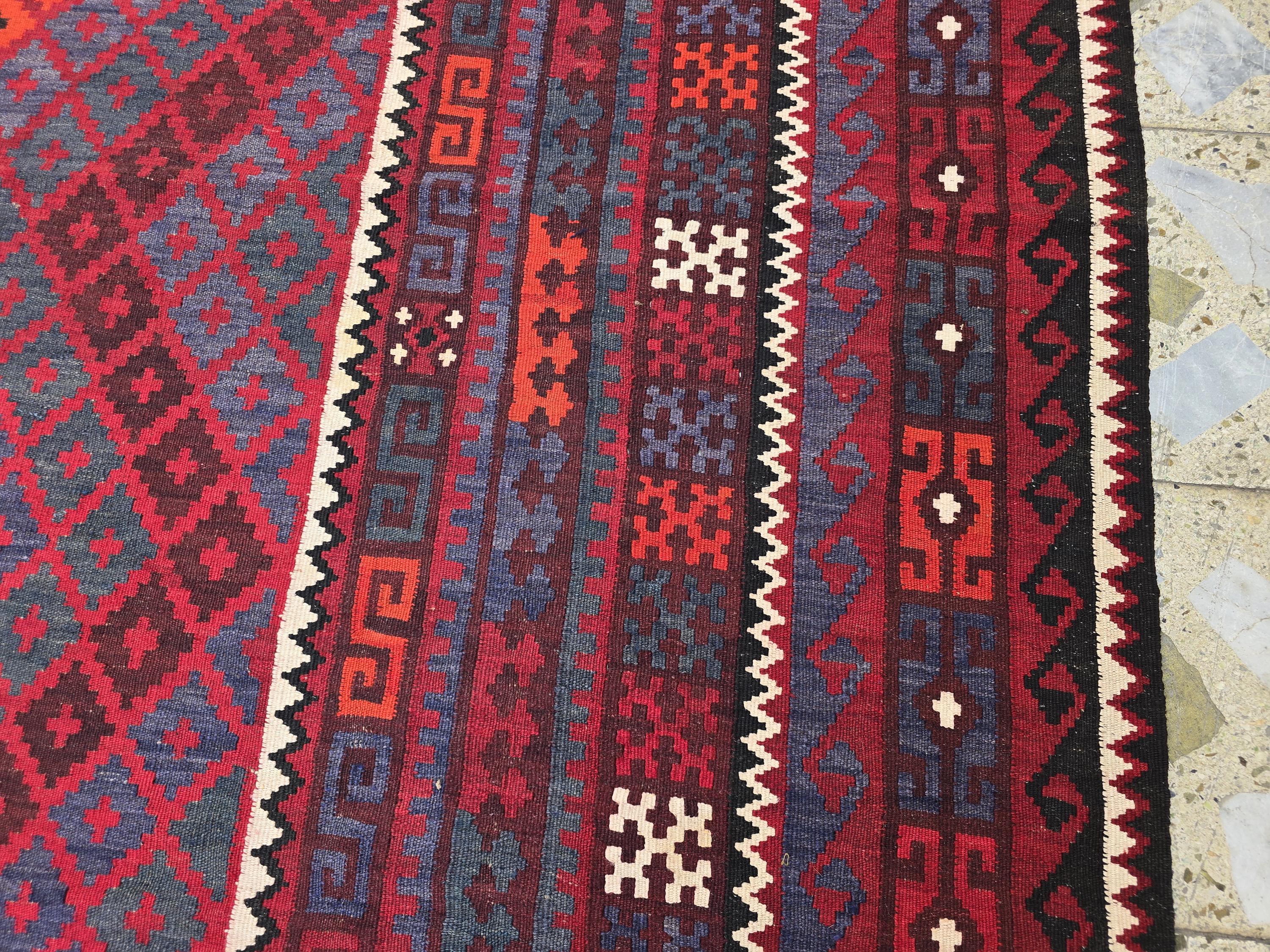 7'4x8 ft Afghan Red Blue Kilim Rug, Handmade Tribal Wool Rug, Vintage Geometric Area Carpet
