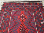 7'4x8 ft Afghan Red Blue Kilim Rug, Handmade Tribal Wool Rug, Vintage Geometric Area Carpet