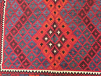 7'4x8 ft Afghan Red Blue Kilim Rug, Handmade Tribal Wool Rug, Vintage Geometric Area Carpet