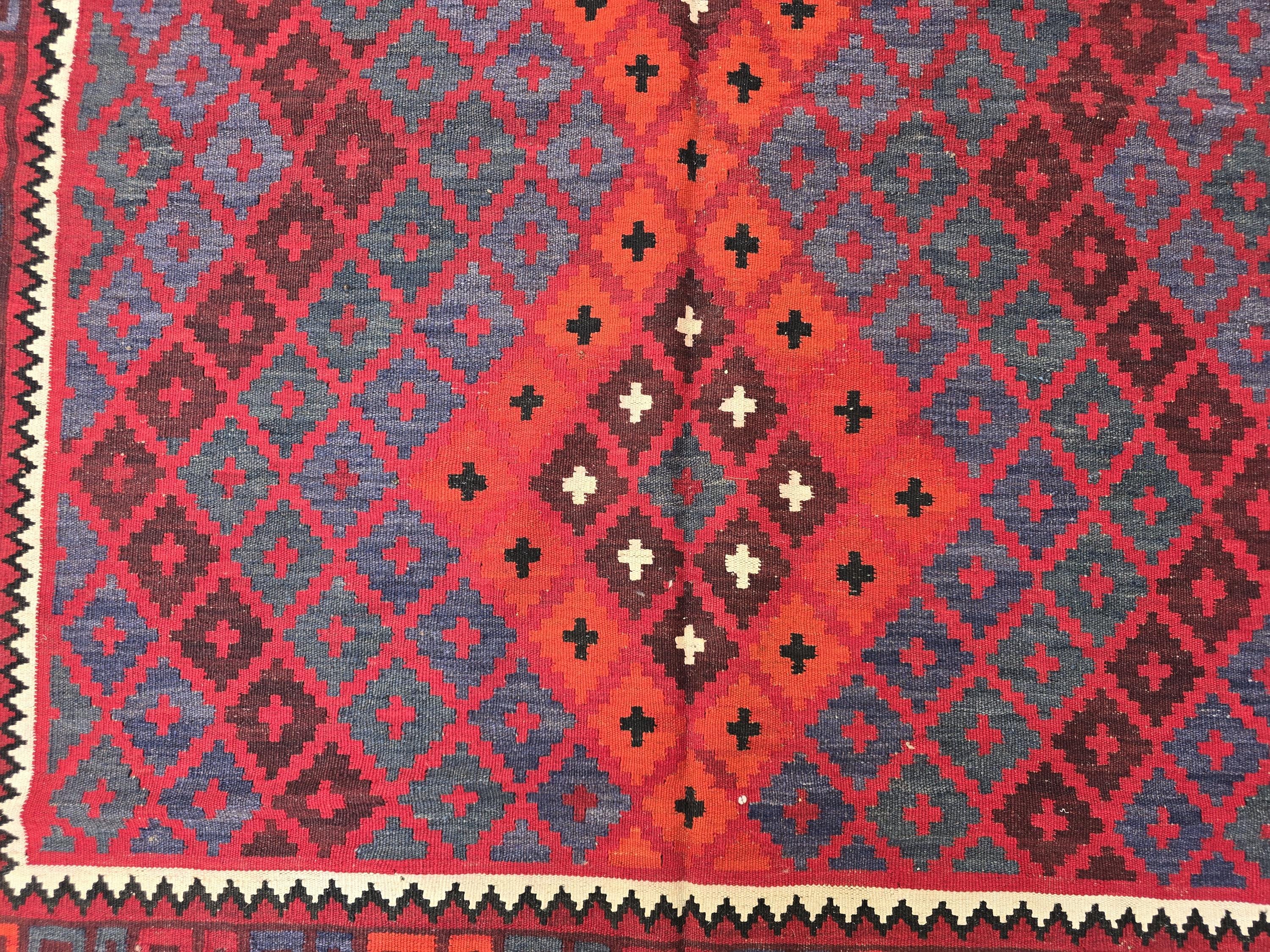 7'4x8 ft Afghan Red Blue Kilim Rug, Handmade Tribal Wool Rug, Vintage Geometric Area Carpet