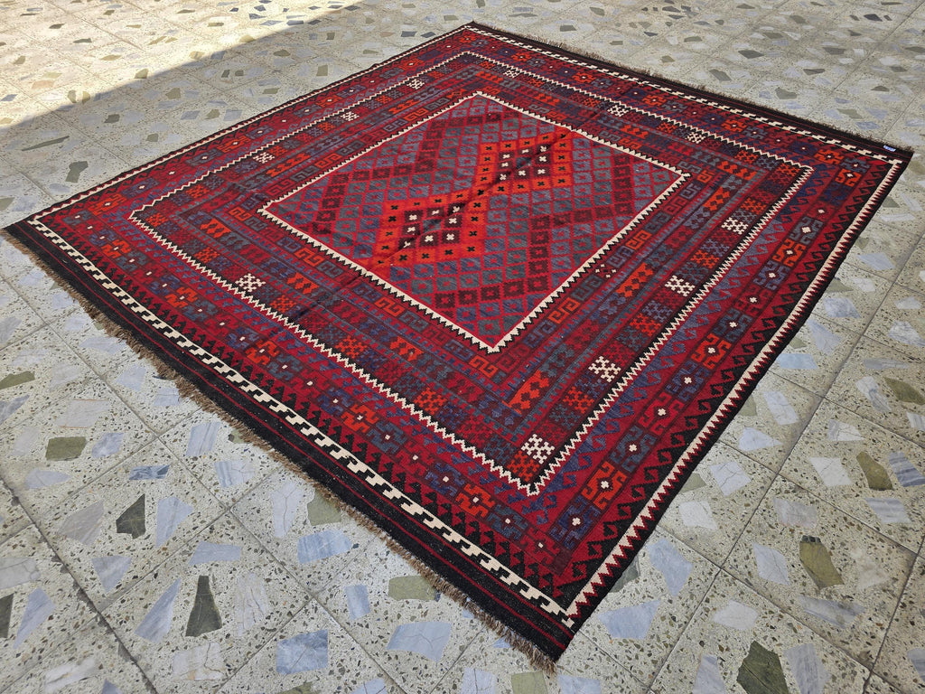 7'4x8 ft Afghan Red Blue Kilim Rug, Handmade Tribal Wool Rug, Vintage Geometric Area Carpet