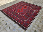 7'4x8 ft Afghan Red Blue Kilim Rug, Handmade Tribal Wool Rug, Vintage Geometric Area Carpet
