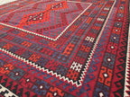 7'4x8 ft Afghan Red Blue Kilim Rug, Handmade Tribal Wool Rug, Vintage Geometric Area Carpet