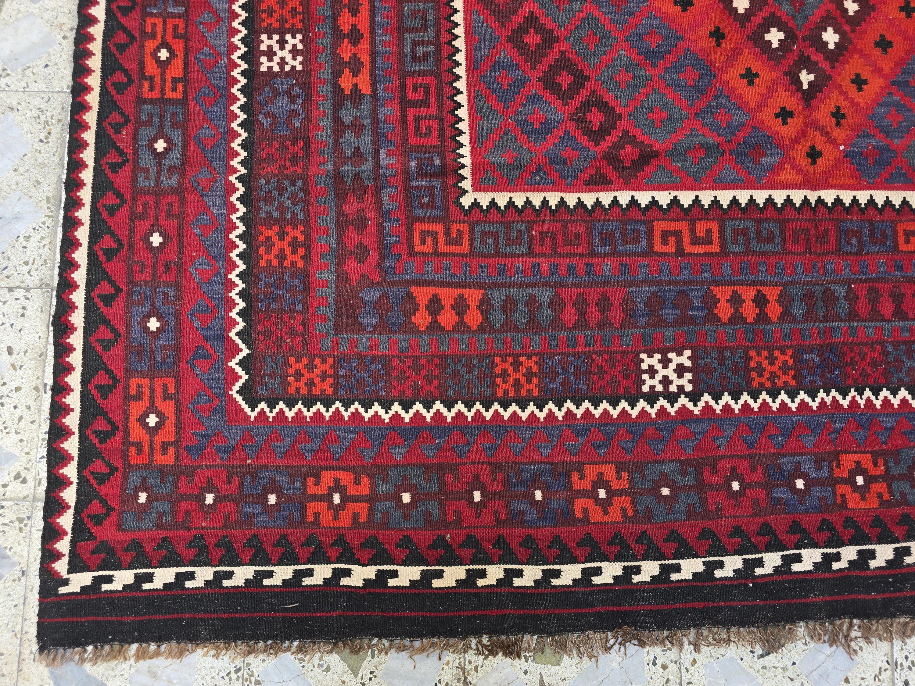 7'4x8 ft Afghan Red Blue Kilim Rug, Handmade Tribal Wool Rug, Vintage Geometric Area Carpet