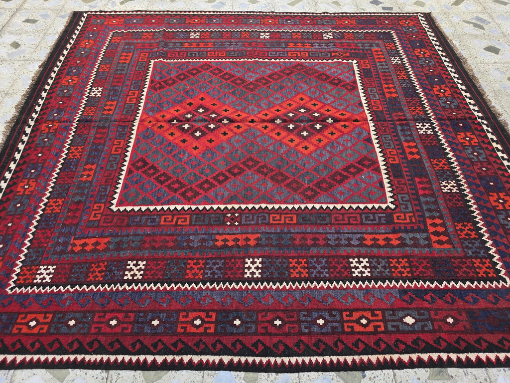 7'4x8 ft Afghan Red Blue Kilim Rug, Handmade Tribal Wool Rug, Vintage Geometric Area Carpet