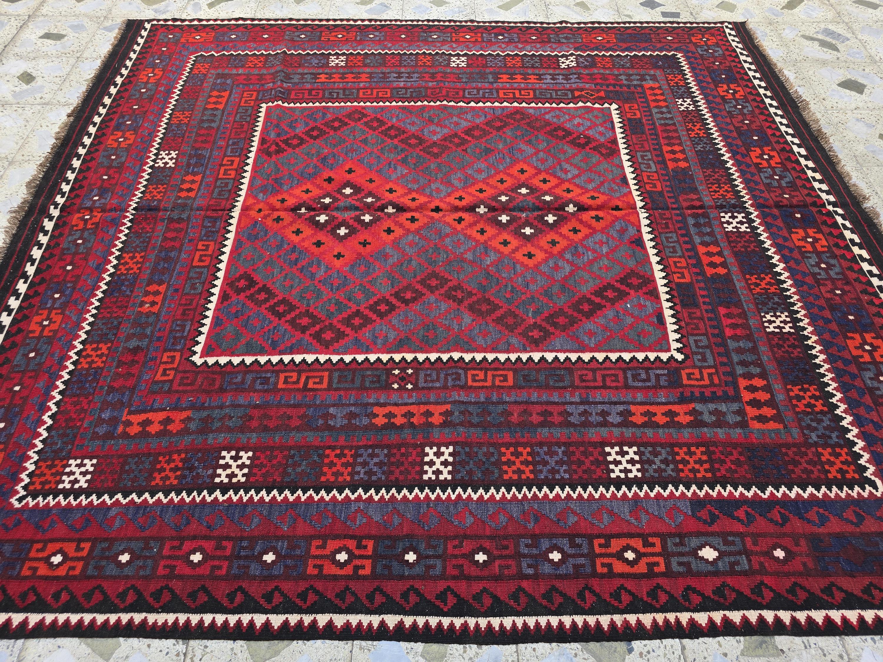 7'4x8 ft Afghan Red Blue Kilim Rug, Handmade Tribal Wool Rug, Vintage Geometric Area Carpet