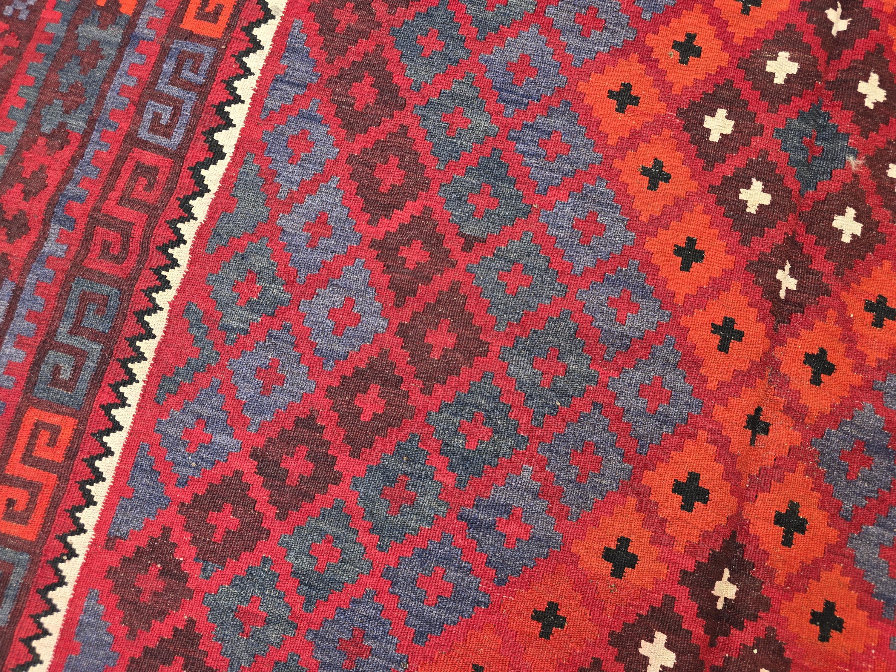 7'4x8 ft Afghan Red Blue Kilim Rug, Handmade Tribal Wool Rug, Vintage Geometric Area Carpet