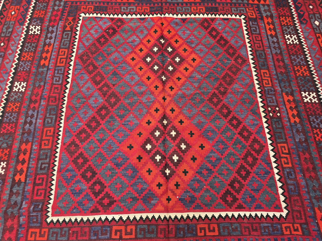 7'4x8 ft Afghan Red Blue Kilim Rug, Handmade Tribal Wool Rug, Vintage Geometric Area Carpet