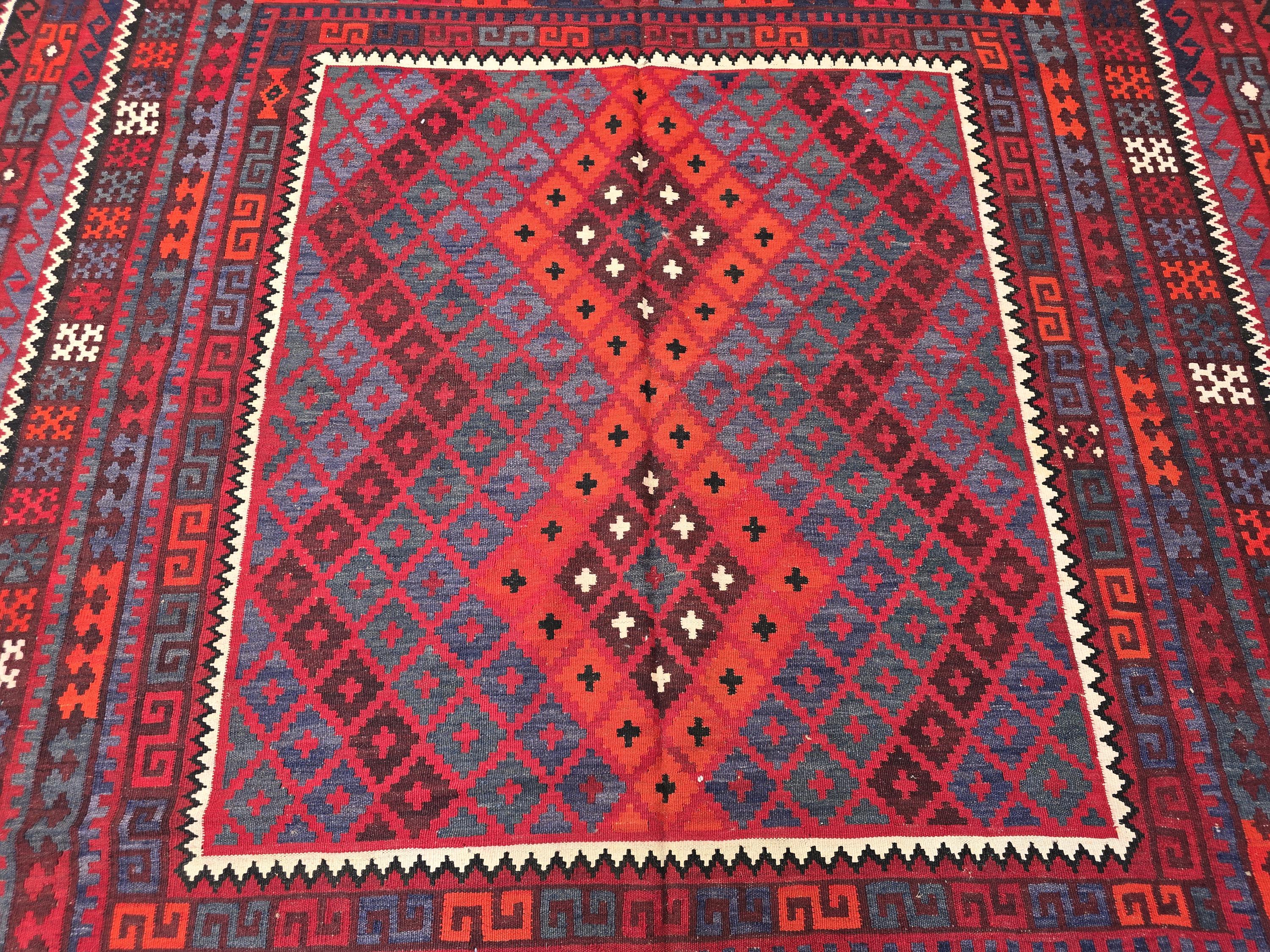 7'4x8 ft Afghan Red Blue Kilim Rug, Handmade Tribal Wool Rug, Vintage Geometric Area Carpet
