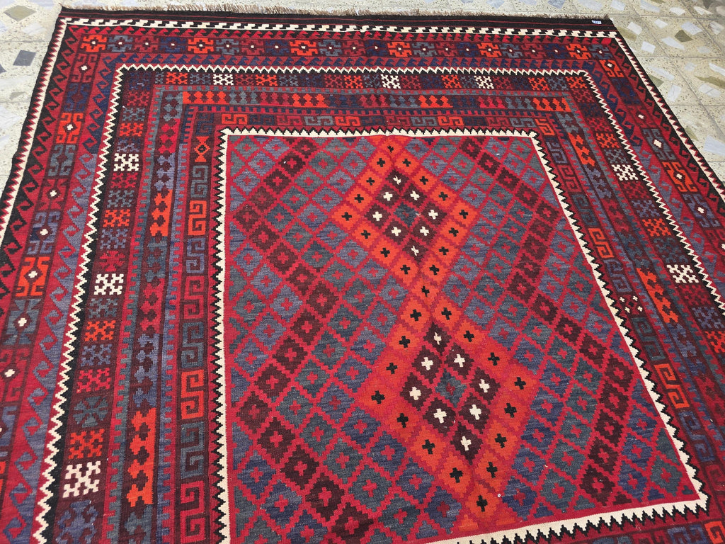 7'4x8 ft Afghan Red Blue Kilim Rug, Handmade Tribal Wool Rug, Vintage Geometric Area Carpet