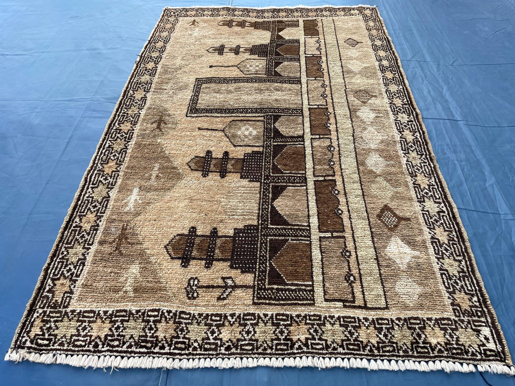 3x5 ft Vintage Baluchi Pictorial Wool Handmade Accent Rug