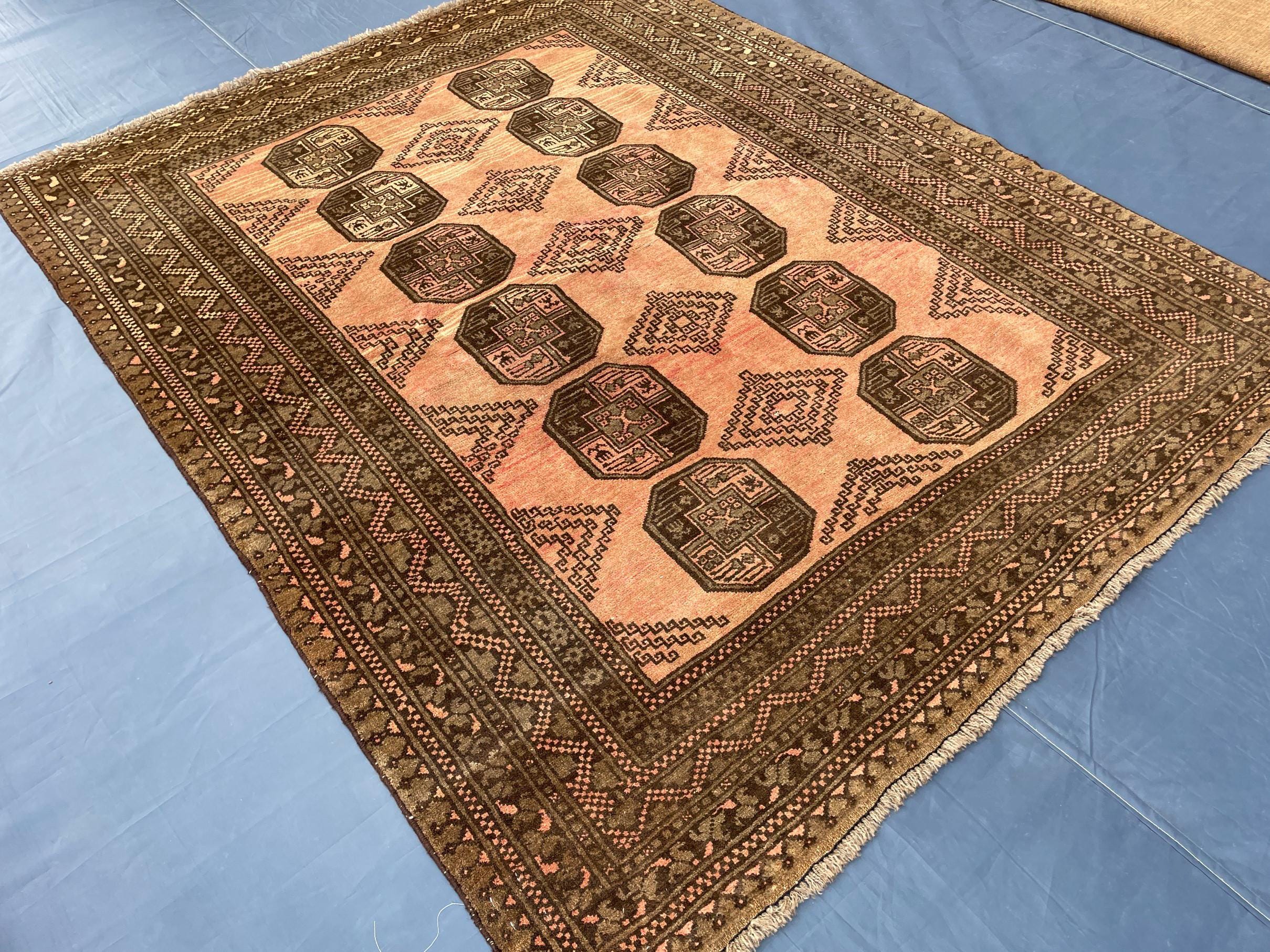 Beige & Brown Afghan Baluchi Rug 5x6 Ft, Handmade Wool Tribal Area Rug, Vintage Geometric Carpet, Oriental Boho Home Decor