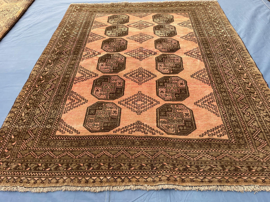 Beige & Brown Afghan Baluchi Rug 5x6 Ft, Handmade Wool Tribal Area Rug, Vintage Geometric Carpet, Oriental Boho Home Decor