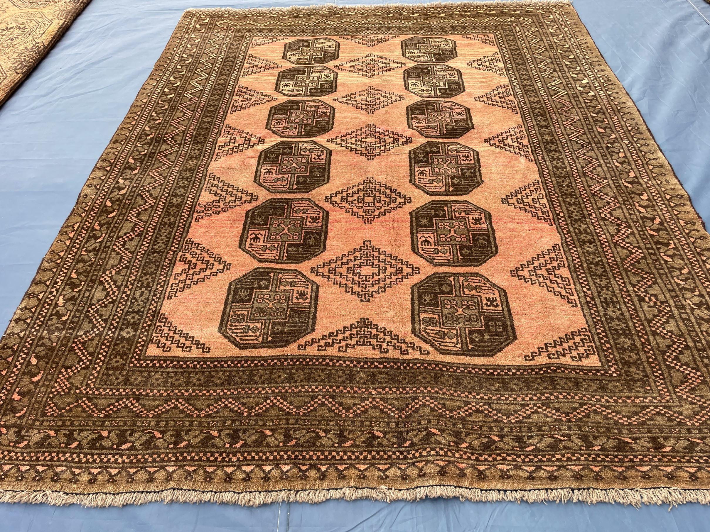 Beige & Brown Afghan Baluchi Rug 5x6 Ft, Handmade Wool Tribal Area Rug, Vintage Geometric Carpet, Oriental Boho Home Decor