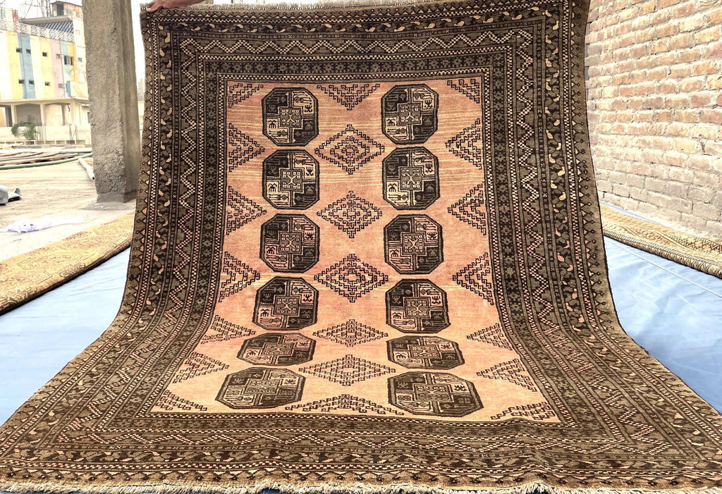 Beige & Brown Afghan Baluchi Rug 5x6 Ft, Handmade Wool Tribal Area Rug, Vintage Geometric Carpet, Oriental Boho Home Decor