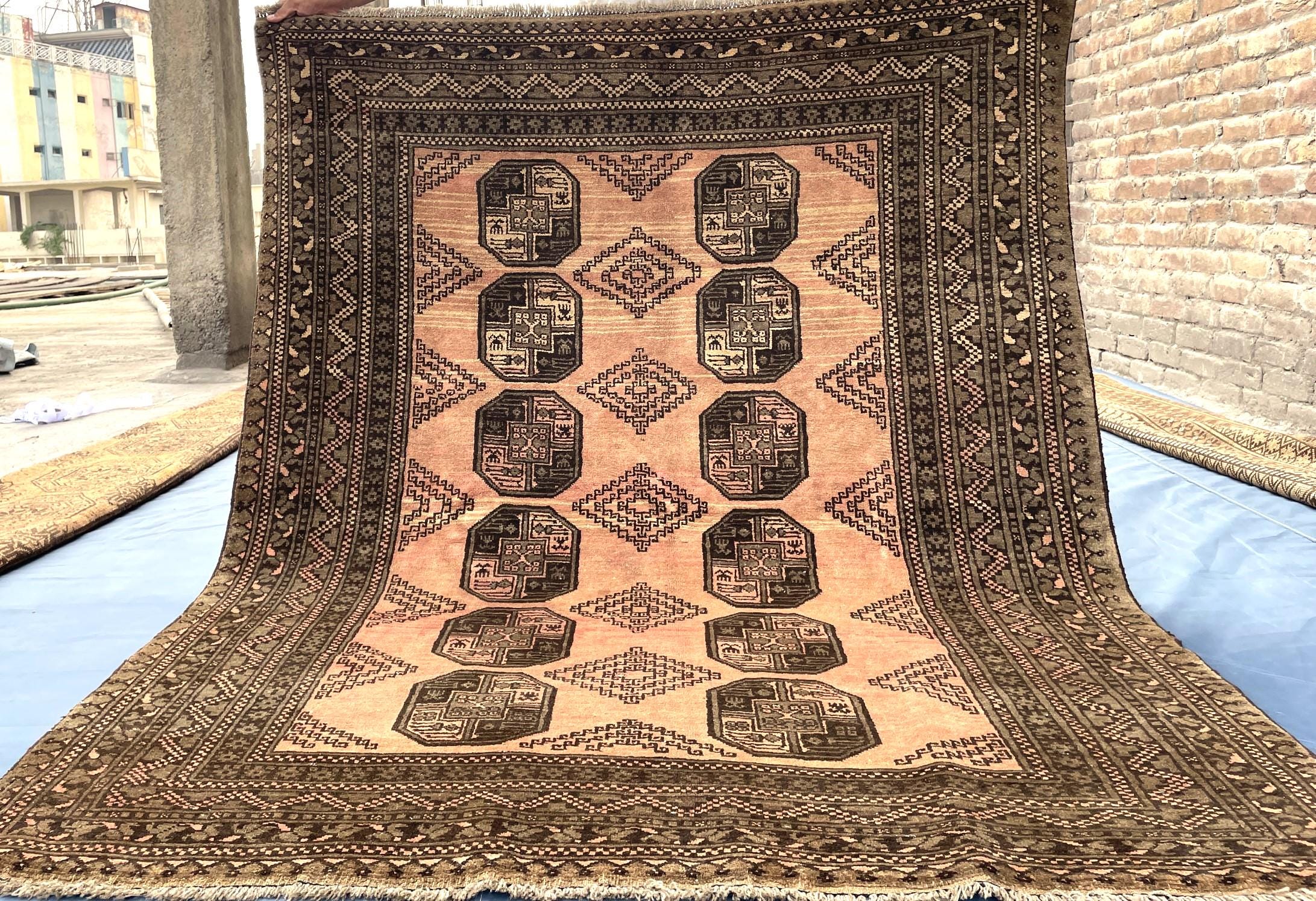 Beige & Brown Afghan Baluchi Rug 5x6 Ft, Handmade Wool Tribal Area Rug, Vintage Geometric Carpet, Oriental Boho Home Decor